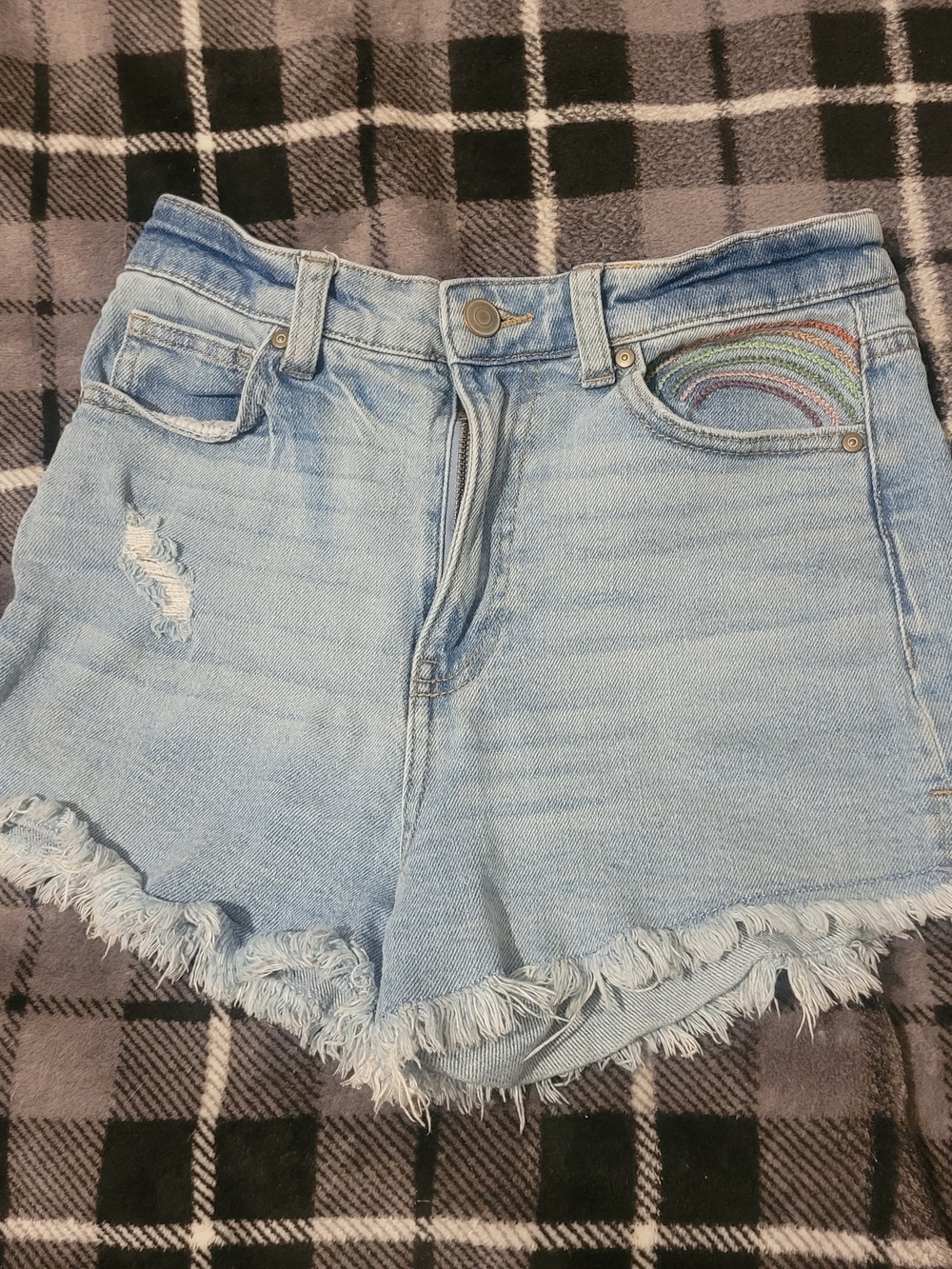 No Boundaries Light Blue Denim High-Waist Frayed Shorts with Rainbow Pocket
